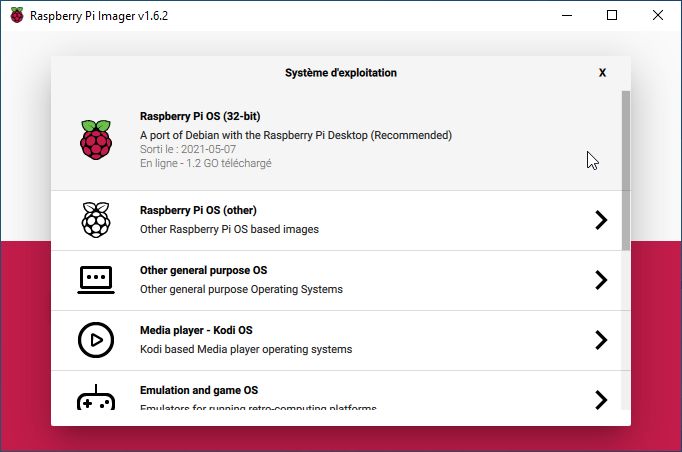 RPi Imager - Liste des familles d'OS