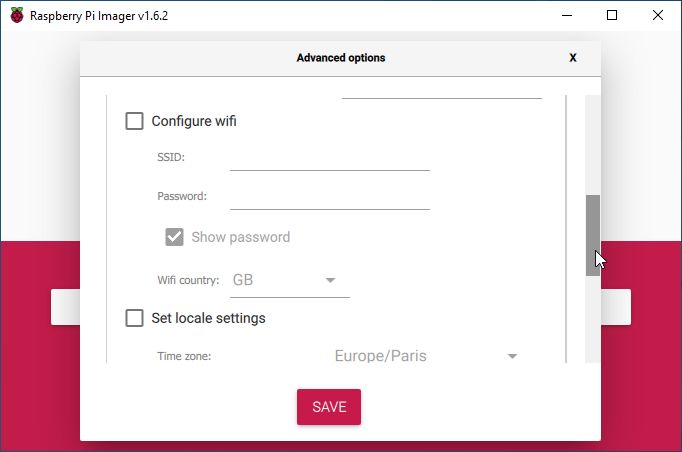 RPi Imager - Options avancées Wifi